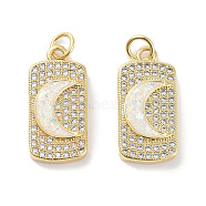 Brass Micro Pave Clear Cubic Zirconia Pendants, with Synthetic Opal and Jump Rings, Real 18K Gold Plated, Rectangle with Moon Charms, White, 20.5x10x3mm, Hole: 3mm(KK-L213-033G)