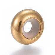 304 Stainless Steel Beads, with Rubber Inside, Slider Beads, Stopper Beads, Rondelle, Golden, 10x4.5mm, Hole: 5mm, Rubber Hole: 3mm(STAS-P242-05G)