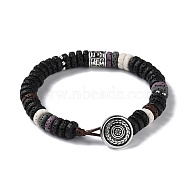 Dyed Natural Lava Rock Disc Beaded Bracelet, with Brass Flower Clasp, Black, 7-7/8 inch(20cm)(BJEW-Z020-01C-AS)