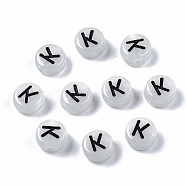 Acrylic Beads, with Enamel and Luminous, Horizontal Hole, Flat Round with Black Letter, Glow in the Dark, Light Grey, Letter.K, 7x3.5mm, Hole: 1.5mm, about 3600~3700pcs/500g(SACR-S273-29K)
