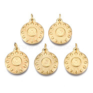316 Surgical Stainless Steel Pendants, with Jump Rings, Flat Round, Real 14K Gold Plated, 17x14x3mm, Hole: 3mm, Jump Ring: 5x1mm, 3mm inner diameter(STAS-N097-034)