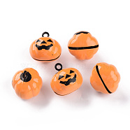 Halloween Baking Painted Brass Bell Pendants, Pumpkin Jack-O'-Lantern, Orange, 18.5x18.5x17mm, Hole: 2mm(KKB-S002-005)