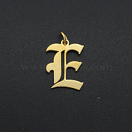 201 Stainless Steel Pendants, with Jump Ring, Old English, Letter, Laser Cut, Golden, Letter.E, 16x12x1mm, Hole: 3mm(STAS-R111-JA566-E)