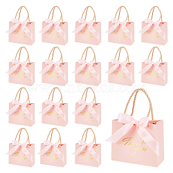 Rectangle Paper Wrapping Handle Bags with Ribbon, Hot Stamping Thank You Gift Bag for Wedding Party Supplies, Pink, Finished Product: 14x12x6cm(CARB-WH0001-07A)