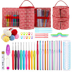 DIY Knitting Kits with Storage Bags for Beginners Include Crochet Hooks, Polyester Yarn, Crochet Needle, Stitch Markers, Scissor, Ruler, Tape Measure, Red, 18x44cm(WG60902-03)