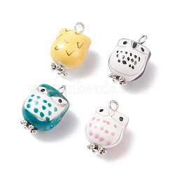 Handmade Porcelain Pendants, with Tibetan Style Alloy Findings, Owl, Mixed Color, 21.5x14~15x12.5~13.5mm, Hole: 2~2.5mm(PALLOY-JF01528)