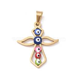 Vacuum Plating 304 Stainless Steel Enamel Pendants, Golden, Cross with Evil Eye, Colorful, 22.5x19.5x2mm, Hole: 5x3mm(STAS-D186-02G)