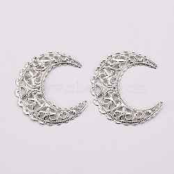 Iron Filigree Joiners Links, Etched Metal Embellishments, Hollow Out, Crescent Moon, Platinum, 43x37.5x0.5mm, Hole: 1.2mm(X-IFIN-T002-42P)
