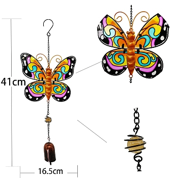 Painted Glass Pendant Decorations, Iron Wind Chime, for Garden Outdoor Decors, Butterfly, 410x165mm