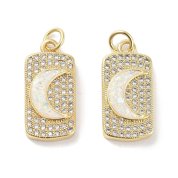 Brass Micro Pave Clear Cubic Zirconia Pendants, with Synthetic Opal and Jump Rings, Real 18K Gold Plated, Rectangle with Moon Charms, White, 20.5x10x3mm, Hole: 3mm