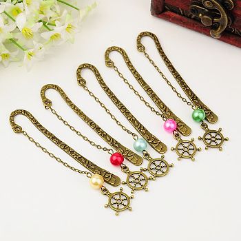 Tibetan Style Bookmarks/Hairpins, with Glass Pearl Beads, Iron Chains and Helm Pendants, Mixed Color, 80mm