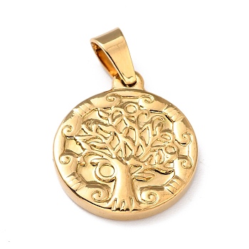 304 Stainless Steel Pendants, Flat Round with Tree of Life, Golden, 21.5x18x2.5mm, Hole: 4x5.5mm