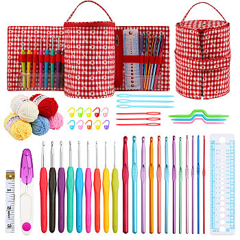 DIY Knitting Kits with Storage Bags for Beginners Include Crochet Hooks, Polyester Yarn, Crochet Needle, Stitch Markers, Scissor, Ruler, Tape Measure, Red, 18x44cm