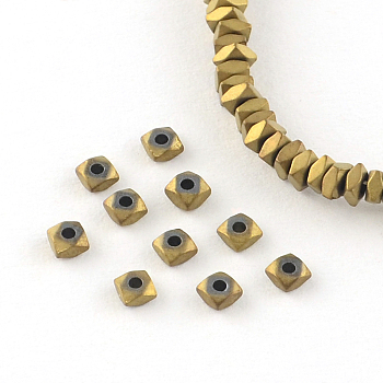 Square Electroplated Non-magnetic Synthetic Hematite Bead Spacers, Golden Plated, 6x6x3mm, Hole: 1mm, about 129pcs/strand, 15.7 inch
