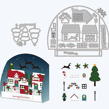 Christmas Theme Carbon Steel Cutting Dies Stencils, for DIY Scrapbooking, Photo Album, Decorative Embossing Paper Card, Matte Platinum Color, Christmas Tree & Reindeer/Stag, House Pattern, 7.8~17x9.8~20.7x0.08cm, 2pcs/set