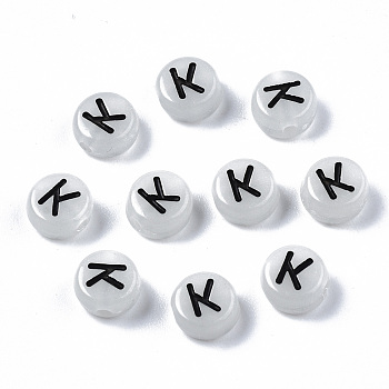 Acrylic Beads, with Enamel and Luminous, Horizontal Hole, Flat Round with Black Letter, Glow in the Dark, Light Grey, Letter.K, 7x3.5mm, Hole: 1.5mm, about 3600~3700pcs/500g