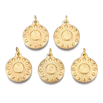 316 Surgical Stainless Steel Pendants, with Jump Rings, Flat Round, Real 14K Gold Plated, 17x14x3mm, Hole: 3mm, Jump Ring: 5x1mm, 3mm inner diameter