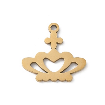 201 Stainless Steel Pendants, Crown Charm, Laser Cut, Ion Plating(IP), Real 18K Gold Plated, 15.5x14x1mm, Hole: 1.5mm