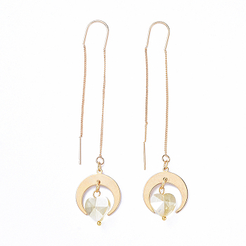 Brass Ear Threads, with Brass Pendants, Glass Beads, Heart with Moon, Light Yellow, 84mm, Pin: 0.7mm