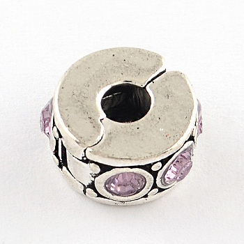 Brass Rhinestone European Clasps, Column, Antique Silver, Light Amethyst, 10~11x5~6mm, Hole: 3~4mm