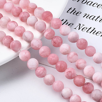 Natural White Jade Bead Strands, Dyed, Frosted, Round, Pink, 8~9mm, Hole: 1mm, about 46~48pcs/strand, 14.9 inch