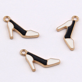 Alloy Stilettos Charms, with Enamel,  High-heeled Shoes, Black & White, Light Gold, 7x20mm