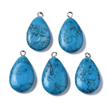 Synthetic Turquoise Pendants, with Platinum Iron Loop, Teardrop, 23~25x12~14x4~5mm, Hole: 2mm