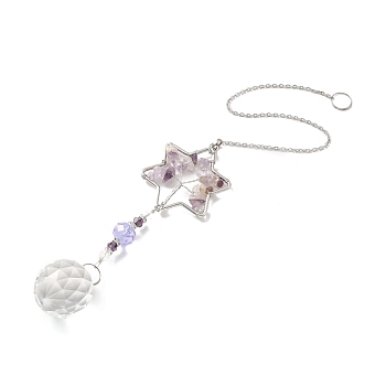 Amethyst Pendant Decoration, Hanging Suncatcher, with Stainless Steel Rings and Star Alloy Frame, Teardrop, Purple, 382x2mm, Hole: 10mm