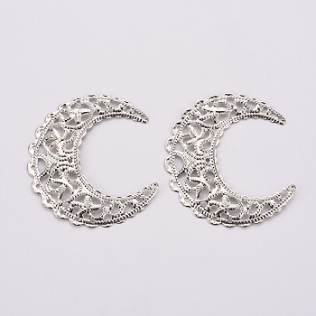Iron Filigree Joiners Links, Etched Metal Embellishments, Hollow Out, Crescent Moon, Platinum, 43x37.5x0.5mm, Hole: 1.2mm