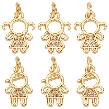 10Pcs 2 Styles Brass Micro Pave Cubic Zirconia Charms, with Jump Ring, Human, Golden, 14x9~10.5x2mm, 5pcs/style