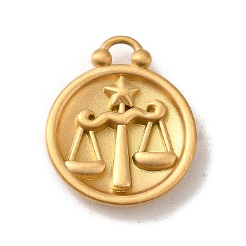 304 Stainless Steel Pendants, Flat Round with Constellations Charm, Matte Gold Color, Libra, 20.5x17x3mm, Hole: 2.5x2mm