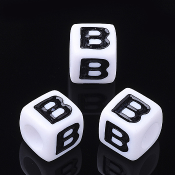 Acrylic Horizontal Hole Letter Beads, Cube, White, Letter B, Size: about 7mm wide, 7mm long, 7mm high, hole: 3.5mm, about 168pcs/42g