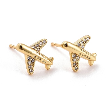 Plane Cubic Zirconia Stud Earrings, Real 18K Gold Plated Brass Earrings for Women, Lead Free & Cadmium Free, Clear, 11x10mm, Pin: 0.8mm
