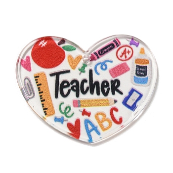 Study Style Opaque Acrylic Sided Pendants, Heart with Word Teacher, Colorful, 32.5x40x2.4mm, Hole: 2.1mm
