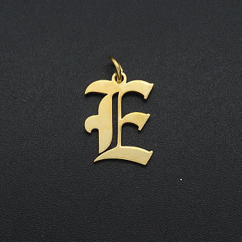 201 Stainless Steel Pendants, with Jump Ring, Old English, Letter, Laser Cut, Golden, Letter.E, 16x12x1mm, Hole: 3mm