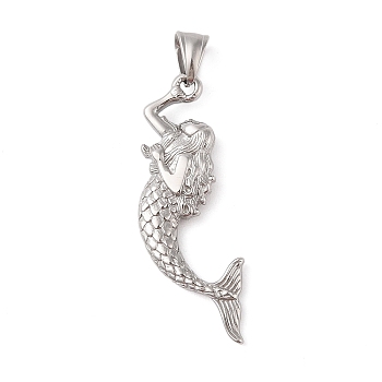 Non-Tarnish 304 Stainless Steel Big Pendants, Mermaid Charm, Stainless Steel Color, 52.5x20x6mm, Hole: 7.5x5mm