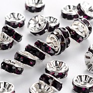 Brass Rhinestone Spacer Beads, Grade A, Straight Flange, Silver Color Plated, Rondelle, Amethyst, 8x3.8mm, Hole: 1.5mm(RB-A014-Z8mm-11S)