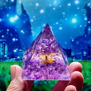 Orgonite Pyramid Resin Display Decorations, with Brass & Natural Amethyst Chips Tree of Life Inside, for Home Office, Blue Violet, 50x50mm(TREE-PW0001-65A)
