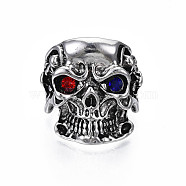 Gothic Punk Skull Alloy Open Cuff Ring with Rhinestone for Men Women, Cadmium Free & Lead Free, Antique Silver, Colorful, US Size 9 3/4(19.5mm)(RJEW-T009-52AS)