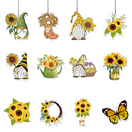 Sunflower Theme Wooden Pendant Decorations, Jute Cord Hanging Ornaments, Mixed Shapes, Mixed Color, 60~100x60~100mm, Hole: 3mm, 12style, 3pcs/style, 36pcs/set(WOOD-WH0037-005)