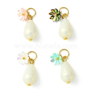 Acrylic Flower & ABS Plastic Imitation Pearl Pendant, with 304 Stainless Steel Jump Rings, Teardrop Charms, Mixed Color, 20x10x9.5~10mm, Hole: 5.5mm(PALLOY-JF02250)