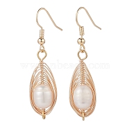 Natural Pearl Teardrop Dangle Earrings, Brass Wire Wrap Drop Earrings with 304 Stainless Steel Pins for Women, Golden, Pendant: 29x12x10mm, 46mm, Pin: 0.9mm(EJEW-JE05091-02)