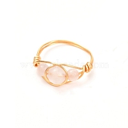 Copper Wire Wrapped Natural Rose Quartz Braided Bead Rings for Women, Real 18K Gold Plated, US Size 7 3/4, Inner Diameter: 18mm(RJEW-JR00387-01)