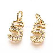 Brass Micro Pave Clear Cubic Zirconia Charms, with Jump Ring, Number, Golden, Num.5, 11.5x6.5x2mm, Hole: 3mm(ZIRC-L092-05-G)