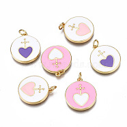Brass Enamel Pendants, with Jump Ring, Nickel Free, Flat Round with Heart, Real 16K Gold Plated, Mixed Color, 20.5x18x2.5mm, Jump Ring: 5x0.8mm, 3mm Inner Diameter(ZIRC-T014-033G-NF)