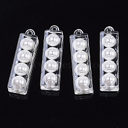 Transparent Acrylic Pendants, with ABS Plastic Imitation Pearl, Rectangle, White, 39.5x11x9.5mm, Hole: 2mm(X-TACR-R146-014)