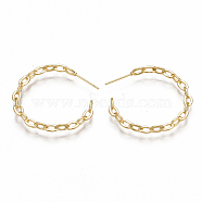 Brass Stud Earrings, Half Hoop Earrings, Nickel Free, Real 18K Gold Plated, 34x34x3.5mm, Pin: 0.7mm(KK-S350-063G)