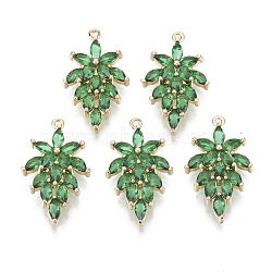 Glass Pendants, with Brass Findings, Faceted, Leaf, Light Gold, Green, 24.5x15x4mm, Hole: 1mm(X-GLAA-T021-23A)