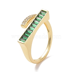 Green Cubic Zirconia Rectangle Open Ring, Brass Jewelry for Women, Cadmium Free & Lead Free, Real 18K Gold Plated, US Size 6 1/4(16.7mm)(RJEW-P032-26G)
