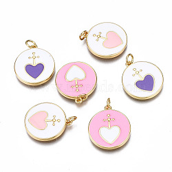 Brass Enamel Pendants, with Jump Ring, Nickel Free, Flat Round with Heart, Real 16K Gold Plated, Mixed Color, 20.5x18x2.5mm, Jump Ring: 5x0.8mm, 3mm Inner Diameter(ZIRC-T014-033G-NF)
